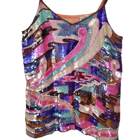 Vintage 100% Silk Y2K Babydoll Top Size XL Beaded Sequin Boho Fairy Festival - Picture 2 of 10